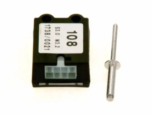 Schwarzes elektrisches Bauteil von Bosch mit Anschlussstecker und einem separaten metallischen Stift daneben.